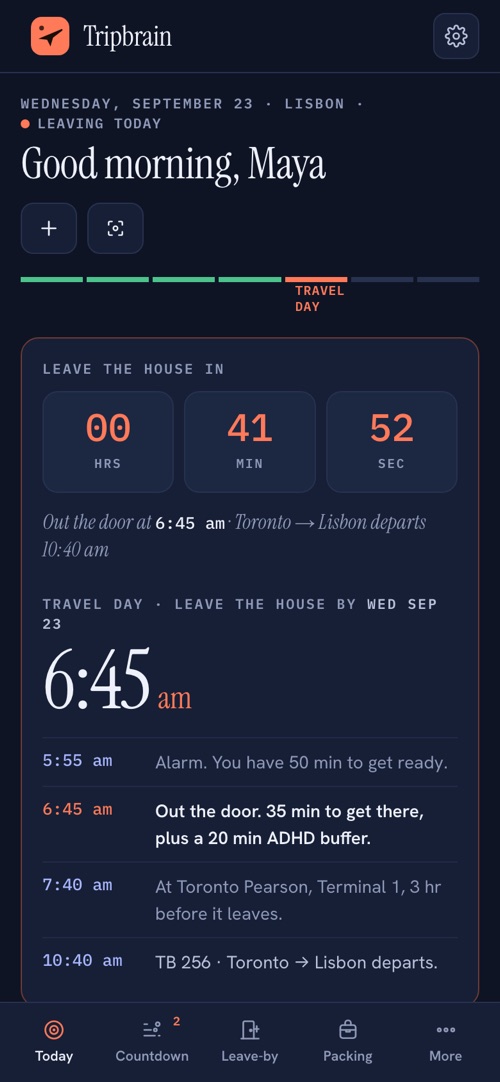 Travel day on a phone: a countdown to the minute you leave the house
